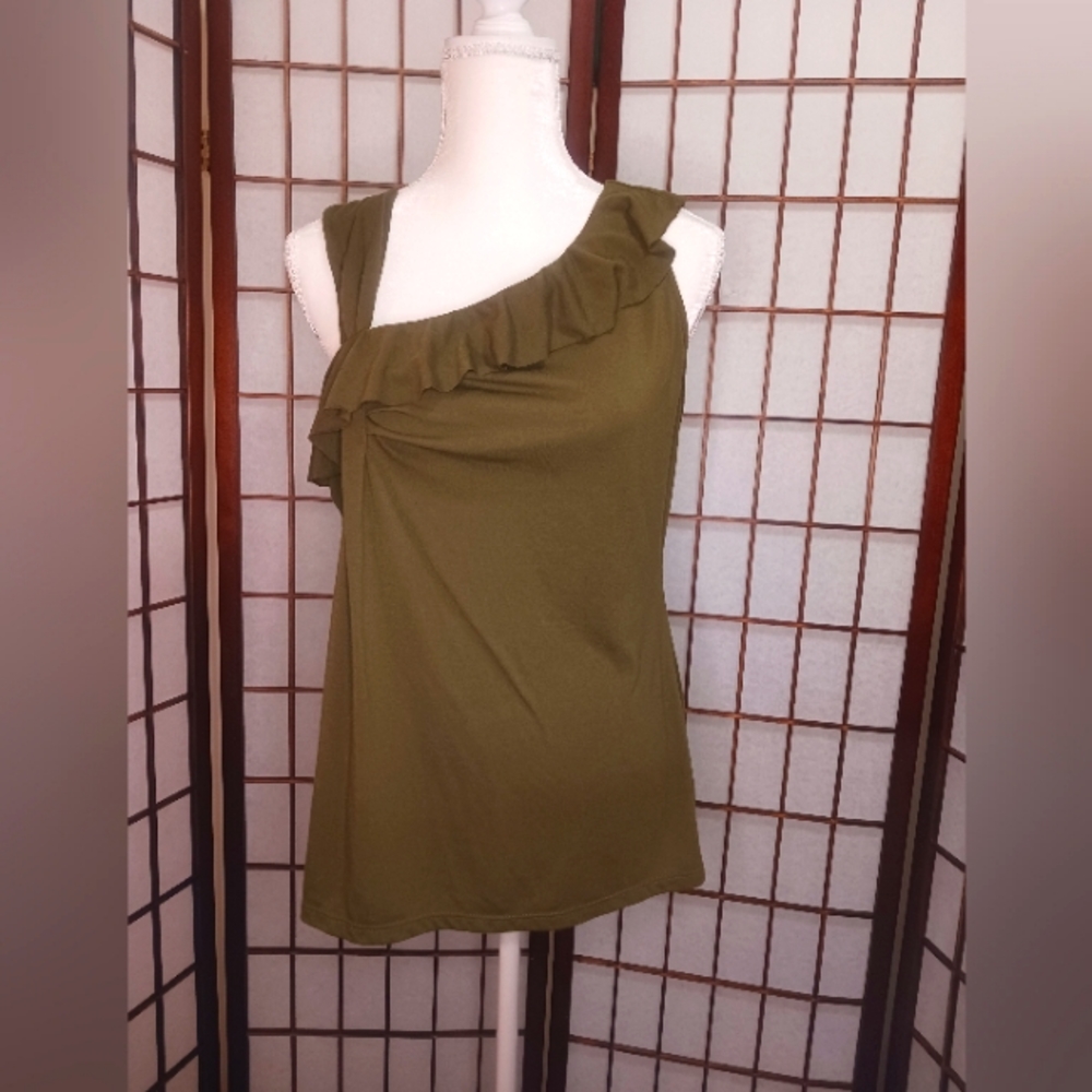 Jennifer Lopez Blouse Women Large Green Asymmetric Ruffle Sleeveless Top pre own